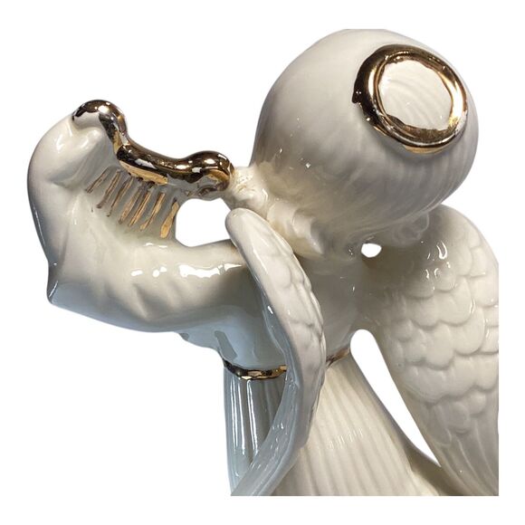 Vintage Angel With Harp Figurine White And Gold 12in 1970s - Picture 4 of 5